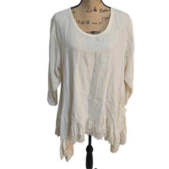 Heart's Desire by Mary‎ Grace White Raw Linen and Lace Boho Tunic Size Medium - Picture 1 of 8
